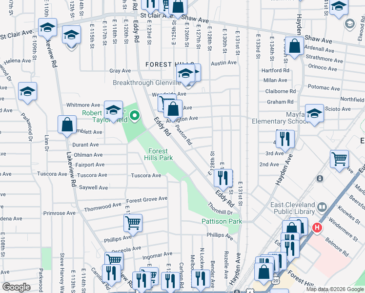 map of restaurants, bars, coffee shops, grocery stores, and more near 934 Eddy Road in Cleveland