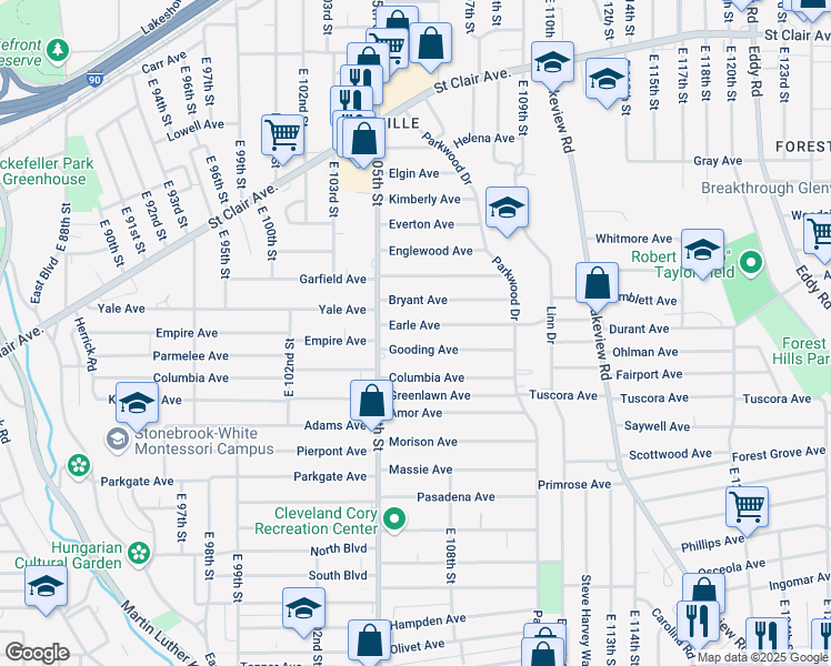 map of restaurants, bars, coffee shops, grocery stores, and more near 10620 Gooding Avenue in Cleveland