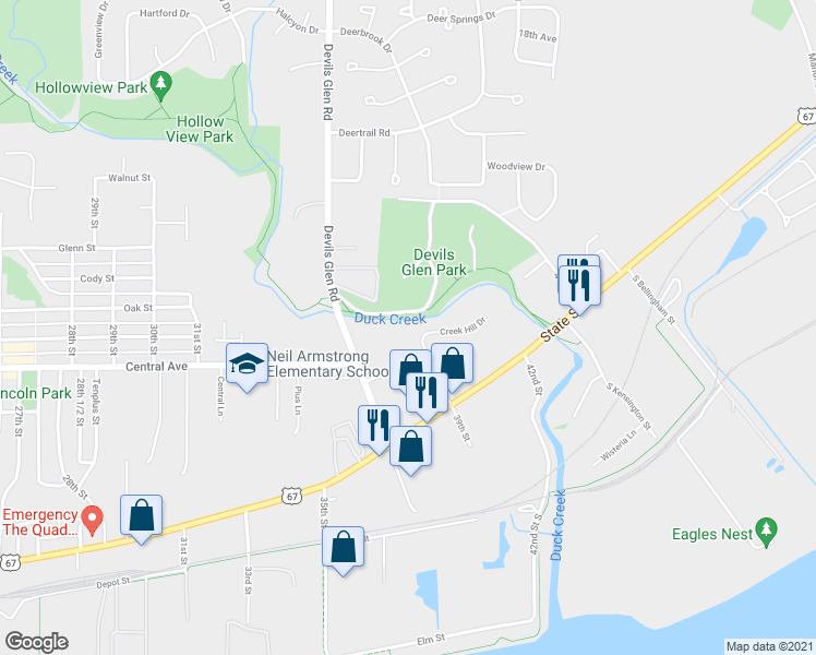 map of restaurants, bars, coffee shops, grocery stores, and more near 1030 39th Street in Bettendorf