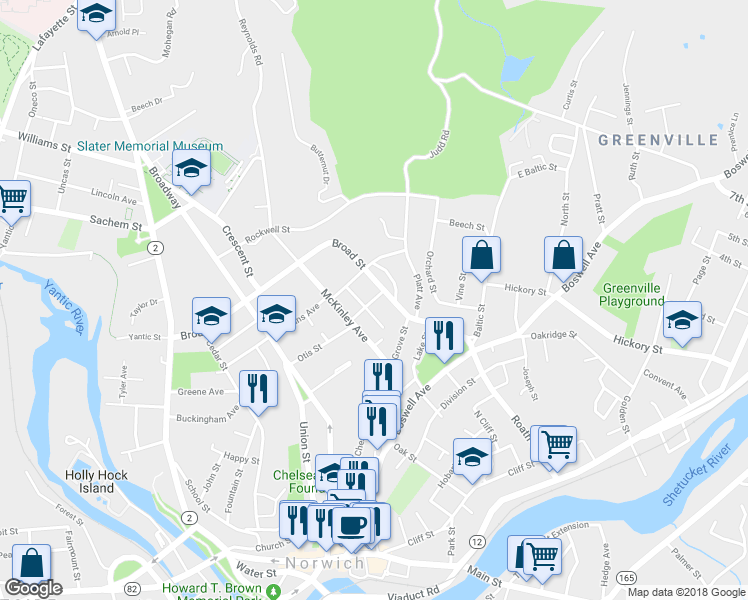 map of restaurants, bars, coffee shops, grocery stores, and more near 27 Spaulding Street in Norwich
