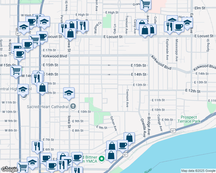 map of restaurants, bars, coffee shops, grocery stores, and more near 721 East 13th Street in Davenport