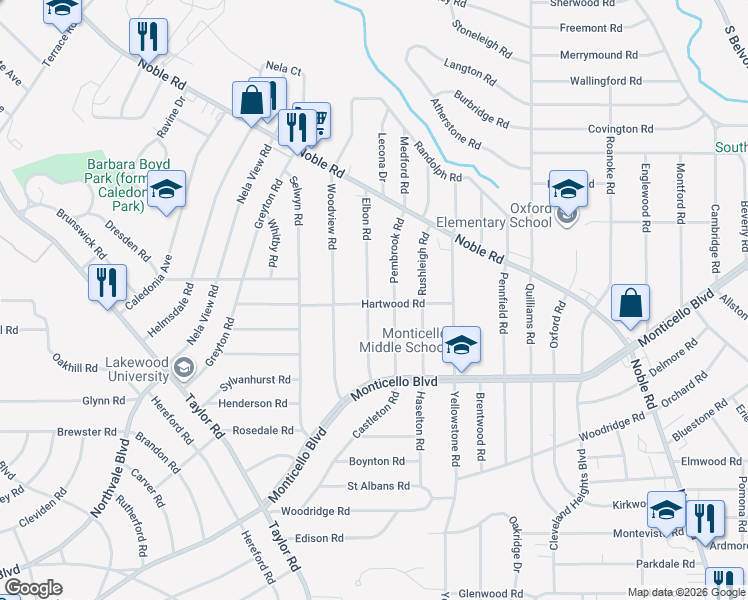 map of restaurants, bars, coffee shops, grocery stores, and more near 1036 Elbon Road in Cleveland Heights