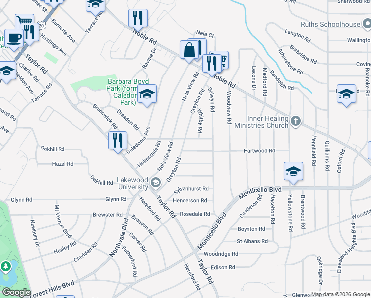 map of restaurants, bars, coffee shops, grocery stores, and more near 1003 Greyton Road in Cleveland Heights