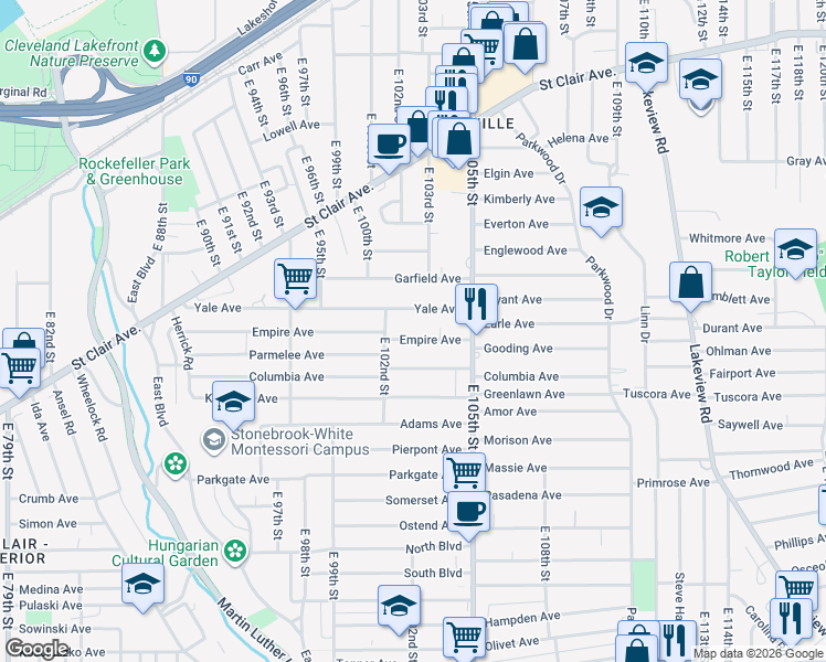 map of restaurants, bars, coffee shops, grocery stores, and more near 10301 Empire Avenue in Cleveland