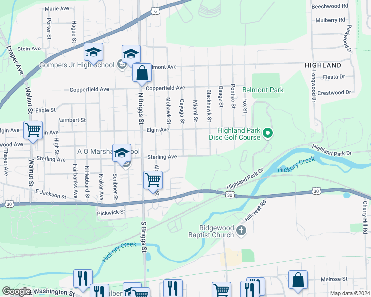 map of restaurants, bars, coffee shops, grocery stores, and more near 406 Cayuga Street in Joliet