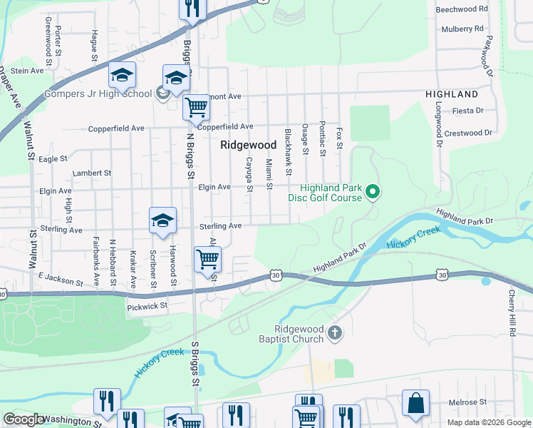 map of restaurants, bars, coffee shops, grocery stores, and more near 407 Miami Street in Joliet