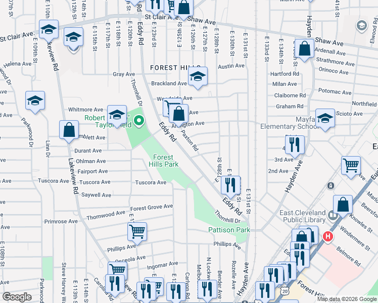 map of restaurants, bars, coffee shops, grocery stores, and more near 915 Eddy Road in Cleveland