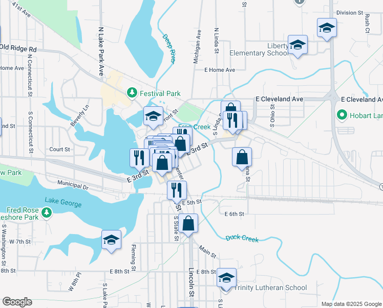 map of restaurants, bars, coffee shops, grocery stores, and more near 711 East 3rd Street in Hobart