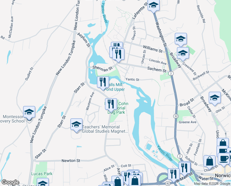 map of restaurants, bars, coffee shops, grocery stores, and more near 343 Asylum Street in Norwich