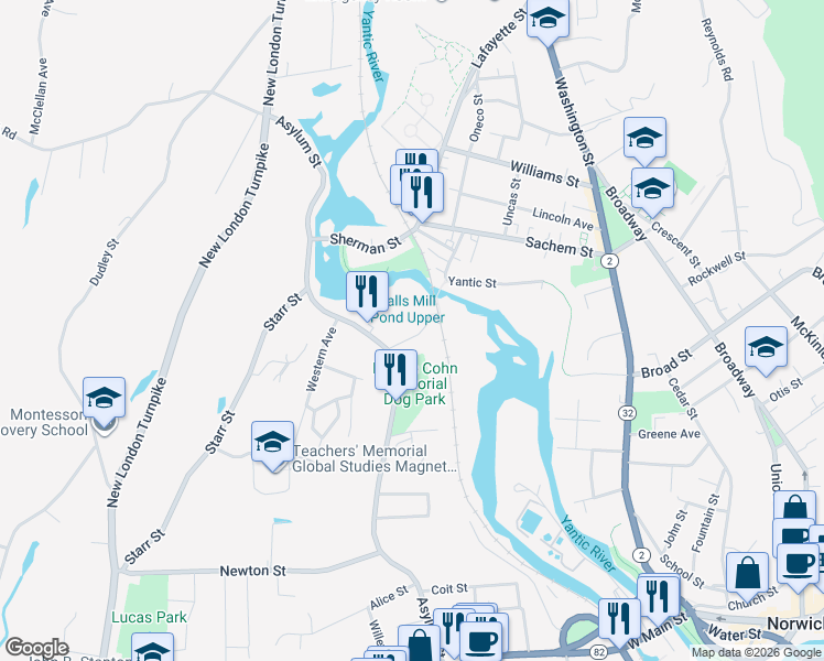 map of restaurants, bars, coffee shops, grocery stores, and more near 343 Asylum Street in Norwich