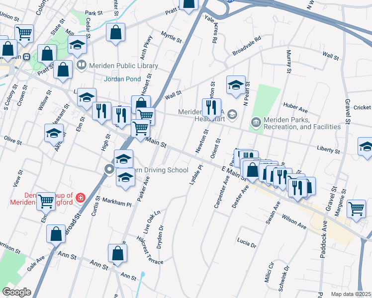 map of restaurants, bars, coffee shops, grocery stores, and more near 15 Cottage Street in Meriden