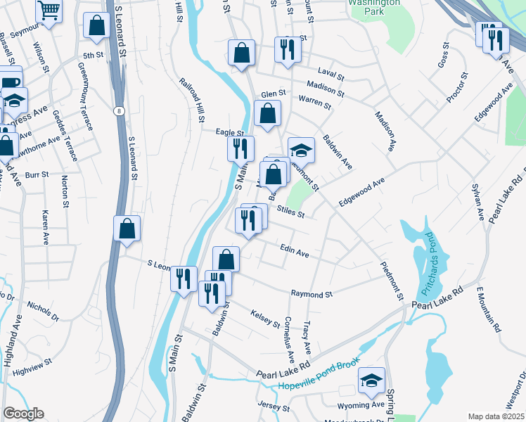 map of restaurants, bars, coffee shops, grocery stores, and more near 1426 Baldwin Street in Waterbury