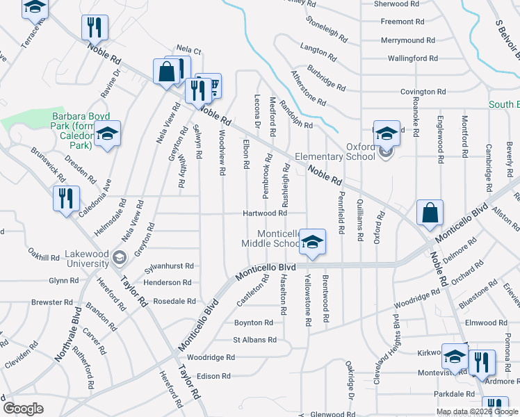 map of restaurants, bars, coffee shops, grocery stores, and more near 993 Pembrook Road in Cleveland Heights
