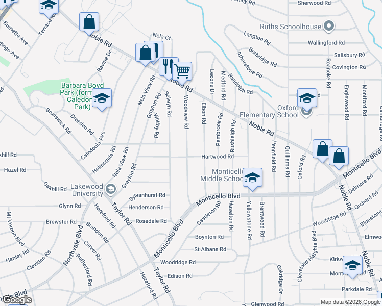 map of restaurants, bars, coffee shops, grocery stores, and more near 976 Woodview Road in Cleveland Heights