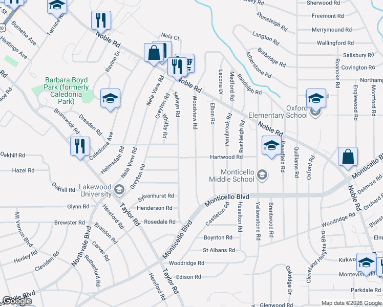 map of restaurants, bars, coffee shops, grocery stores, and more near 976 Woodview Road in Cleveland Heights