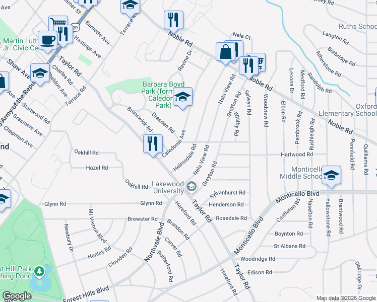 map of restaurants, bars, coffee shops, grocery stores, and more near 976 Helmsdale Road in Cleveland Heights