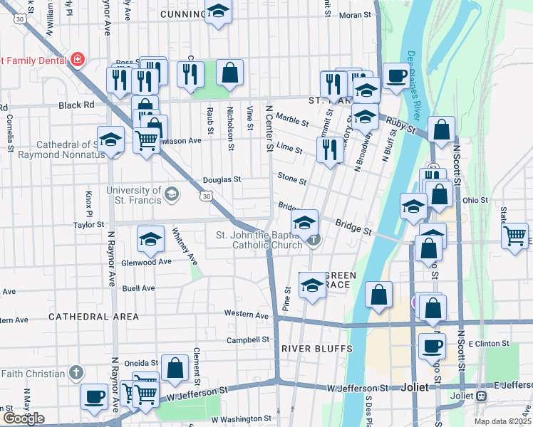 map of restaurants, bars, coffee shops, grocery stores, and more near 403 Bridge Street in Joliet