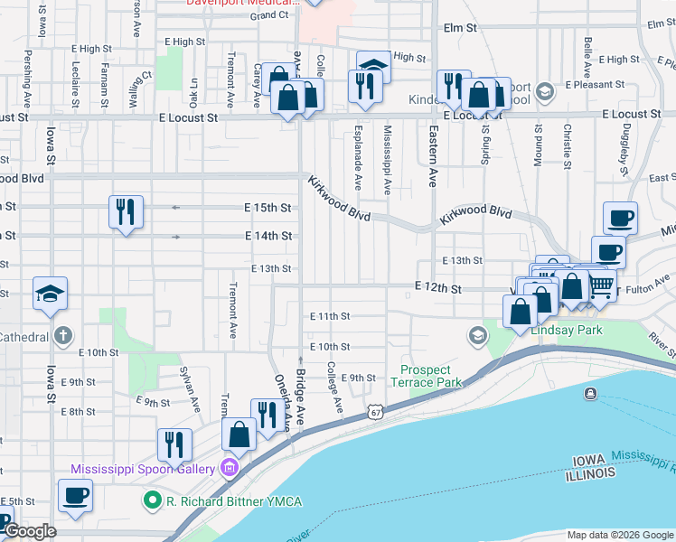 map of restaurants, bars, coffee shops, grocery stores, and more near 1310 College Ave in Davenport