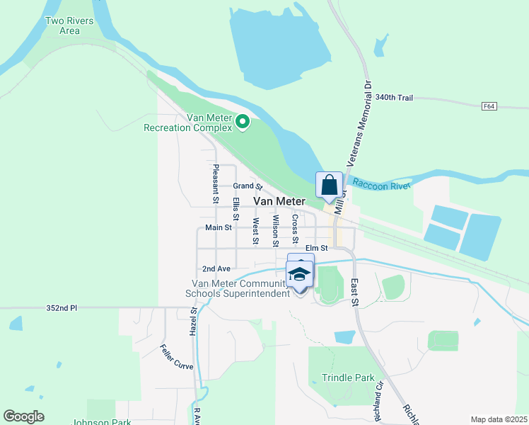 map of restaurants, bars, coffee shops, grocery stores, and more near 411 Grant Street in Van Meter