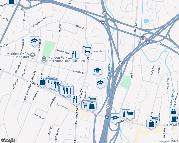 map of restaurants, bars, coffee shops, grocery stores, and more near 163 Gravel Street in Meriden