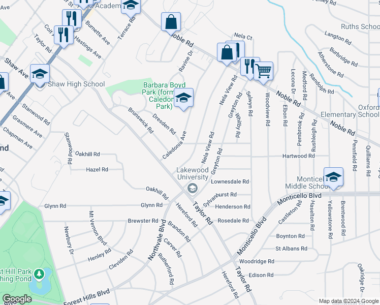 map of restaurants, bars, coffee shops, grocery stores, and more near 1004 Helmsdale Road in Cleveland Heights
