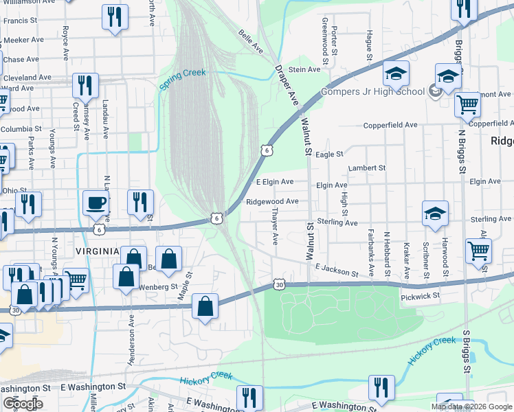 map of restaurants, bars, coffee shops, grocery stores, and more near 1014 Ridgewood Avenue in Joliet