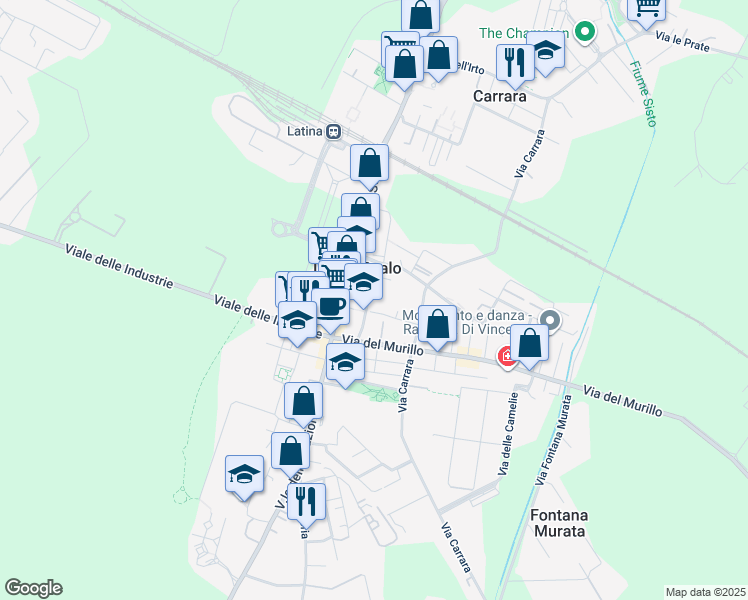 map of restaurants, bars, coffee shops, grocery stores, and more near 31 Via del Pioppeto in Latina Scalo