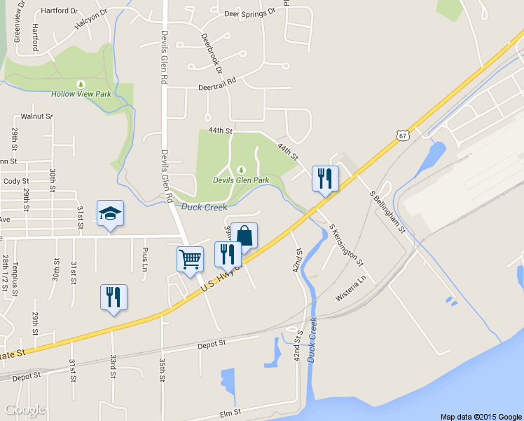 map of restaurants, bars, coffee shops, grocery stores, and more near 4195 Creek Hill Drive in Bettendorf