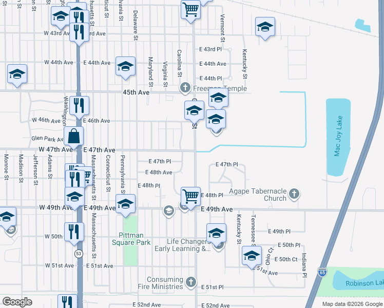map of restaurants, bars, coffee shops, grocery stores, and more near 4662 Georgia St in Gary