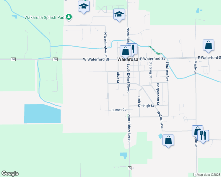 map of restaurants, bars, coffee shops, grocery stores, and more near 101-103 West Wabash Avenue in Wakarusa