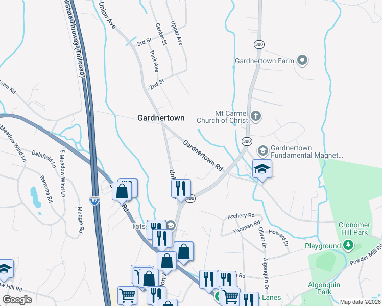 map of restaurants, bars, coffee shops, grocery stores, and more near 350 Gardnertown Road in Newburgh
