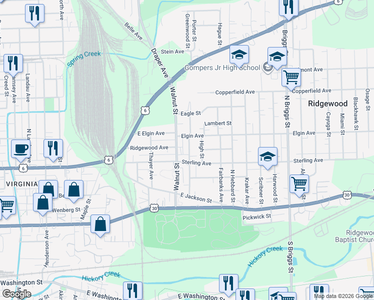 map of restaurants, bars, coffee shops, grocery stores, and more near 411 Leach Avenue in Joliet