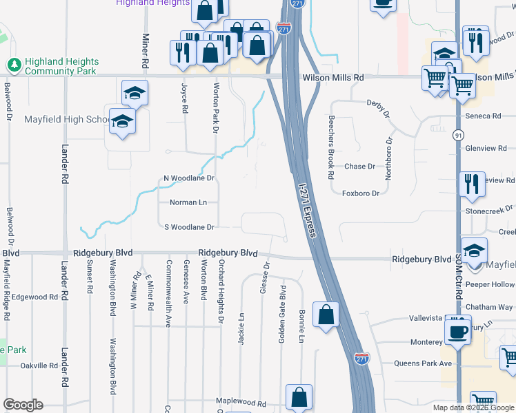 map of restaurants, bars, coffee shops, grocery stores, and more near 6319 Aldenham Drive in Mayfield Heights