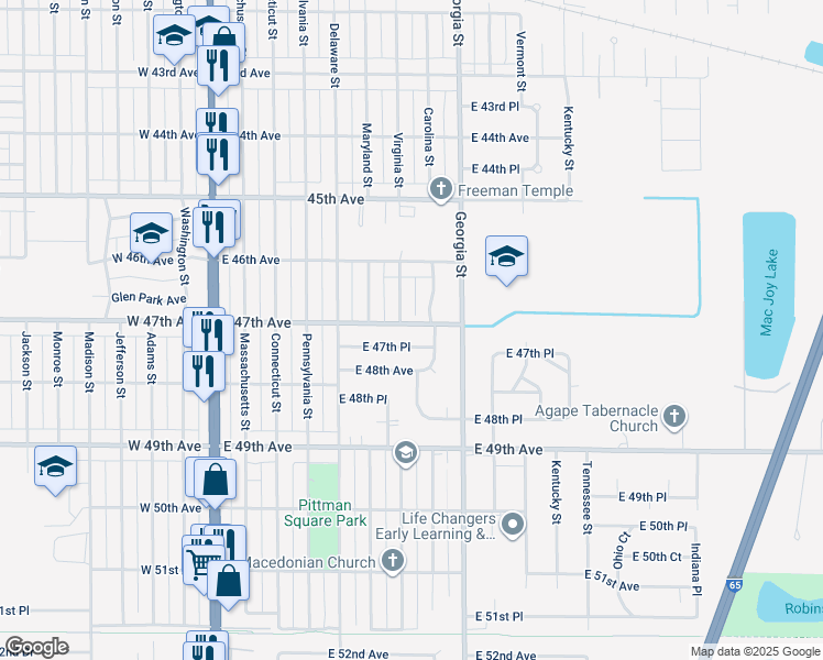 map of restaurants, bars, coffee shops, grocery stores, and more near 613 East 47th Avenue in Gary