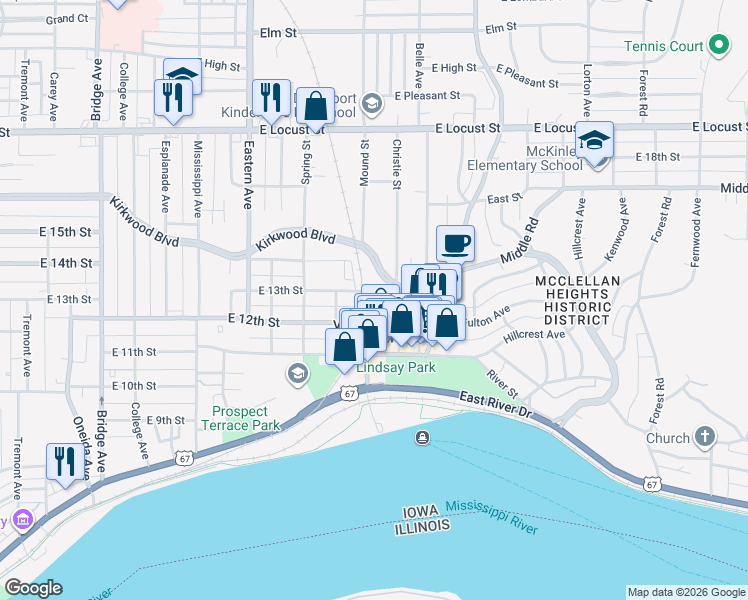 map of restaurants, bars, coffee shops, grocery stores, and more near 2112 East 13th Street in Davenport