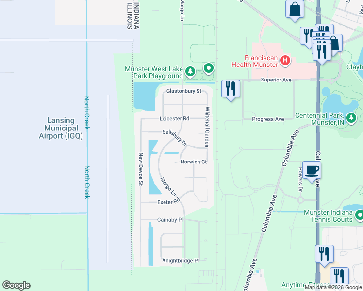 map of restaurants, bars, coffee shops, grocery stores, and more near 316 Saint Ives Court in Munster