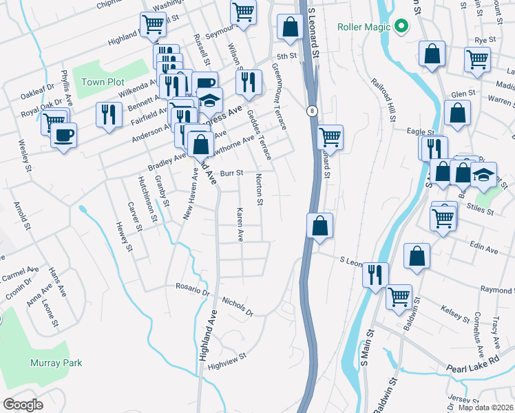 map of restaurants, bars, coffee shops, grocery stores, and more near 97 Norton Street in Waterbury