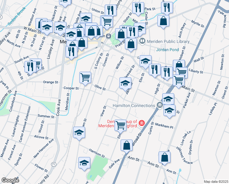 map of restaurants, bars, coffee shops, grocery stores, and more near 132 Willow Street in Meriden