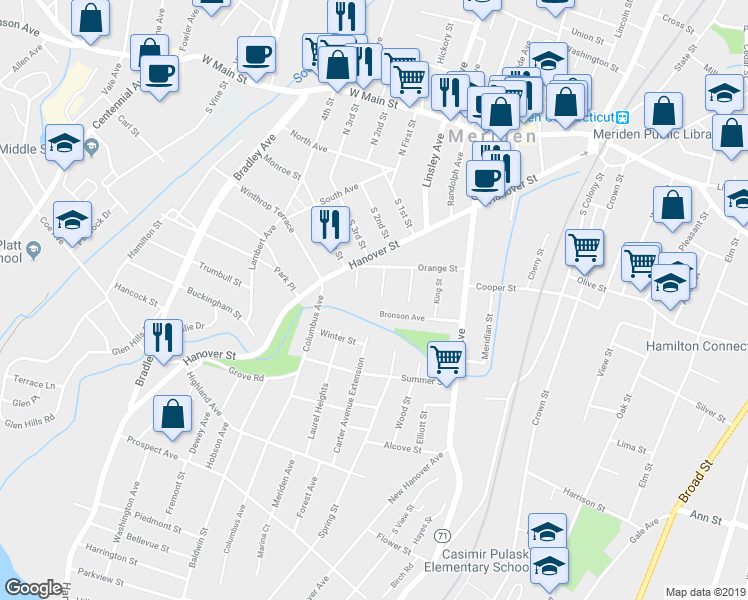 map of restaurants, bars, coffee shops, grocery stores, and more near 12 Carter Avenue in Meriden