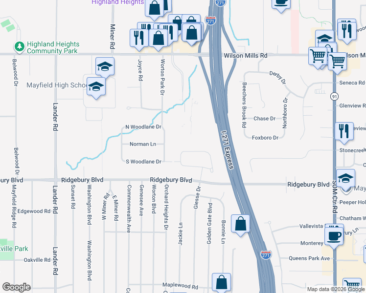 map of restaurants, bars, coffee shops, grocery stores, and more near 6319 Aldenham Drive in Mayfield Heights