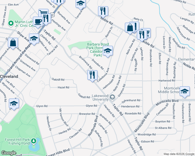 map of restaurants, bars, coffee shops, grocery stores, and more near 973 Brunswick Road in Cleveland Heights