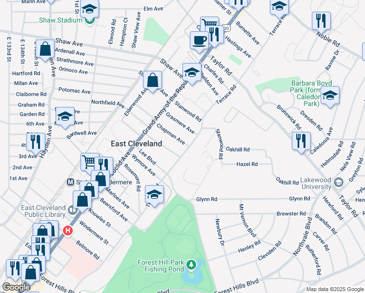 map of restaurants, bars, coffee shops, grocery stores, and more near 1887 Chapman Avenue in East Cleveland