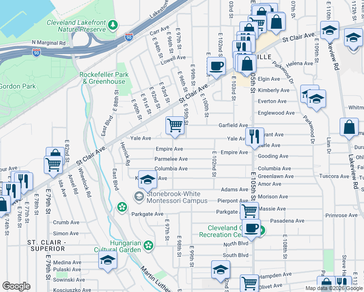 map of restaurants, bars, coffee shops, grocery stores, and more near 9301 Yale Avenue in Cleveland