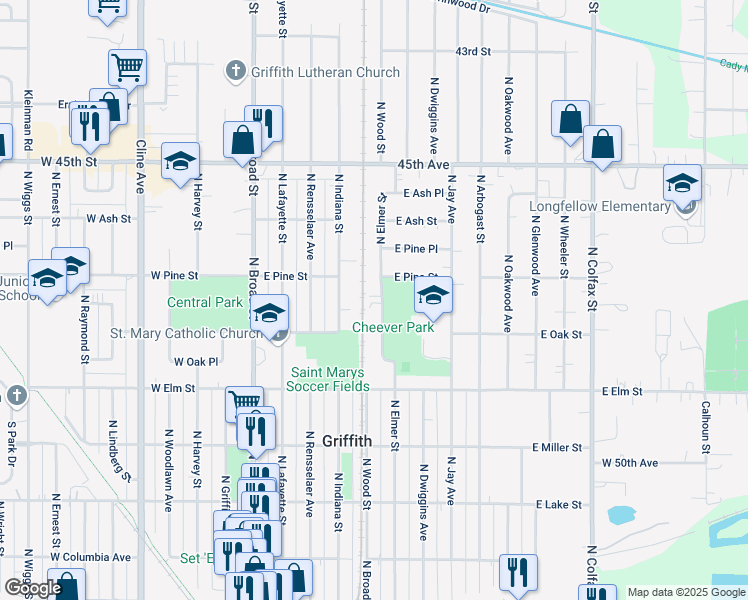map of restaurants, bars, coffee shops, grocery stores, and more near 700 North Elmer Street in Griffith