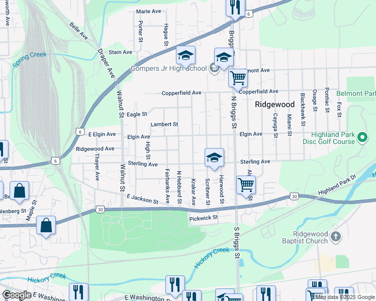 map of restaurants, bars, coffee shops, grocery stores, and more near 418 Krakar Avenue in Joliet