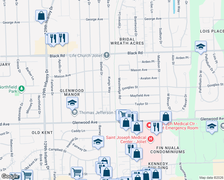 map of restaurants, bars, coffee shops, grocery stores, and more near 612 Kungs Way in Joliet