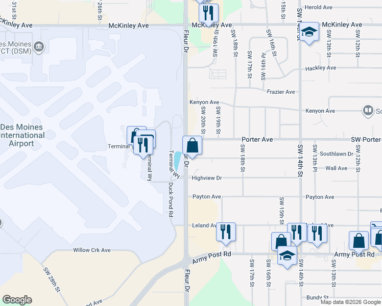 map of restaurants, bars, coffee shops, grocery stores, and more near 5601 Fleur Drive in Des Moines