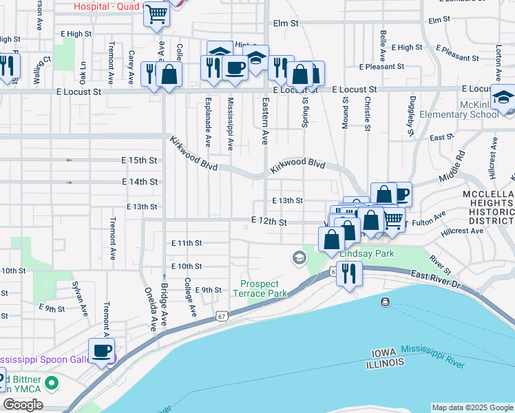 map of restaurants, bars, coffee shops, grocery stores, and more near 1314 Eastern Avenue in Davenport