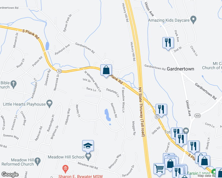 map of restaurants, bars, coffee shops, grocery stores, and more near 309 South Plank Road in Newburgh