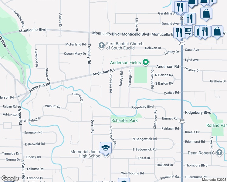 map of restaurants, bars, coffee shops, grocery stores, and more near 981 Professor Road in Lyndhurst